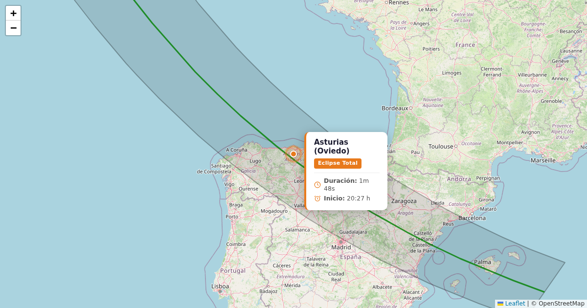 Mapa del eclipse solar 2026 - asturias