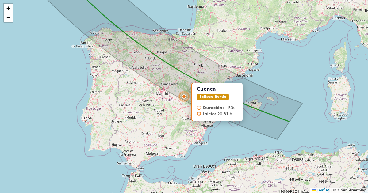 Mapa del eclipse solar 2026 - cuenca