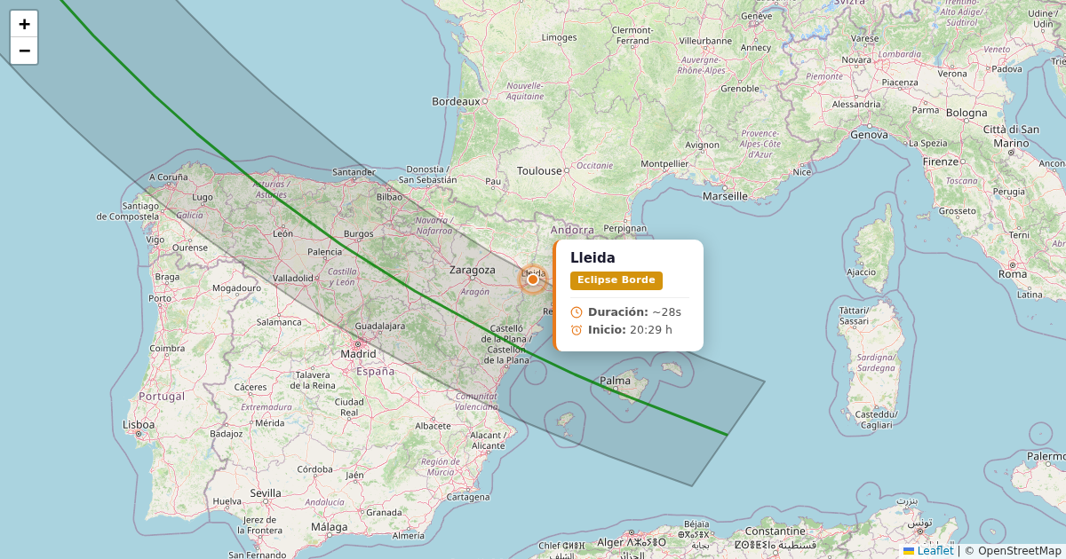 Mapa del eclipse solar 2026 - lleida