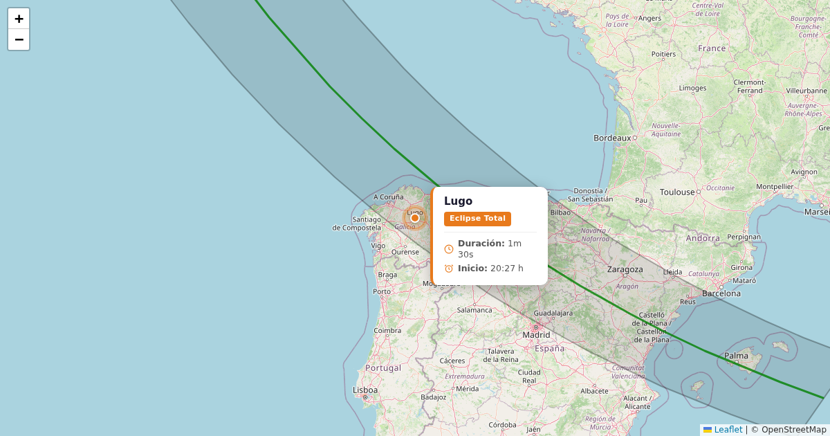 Mapa del eclipse solar 2026 - lugo