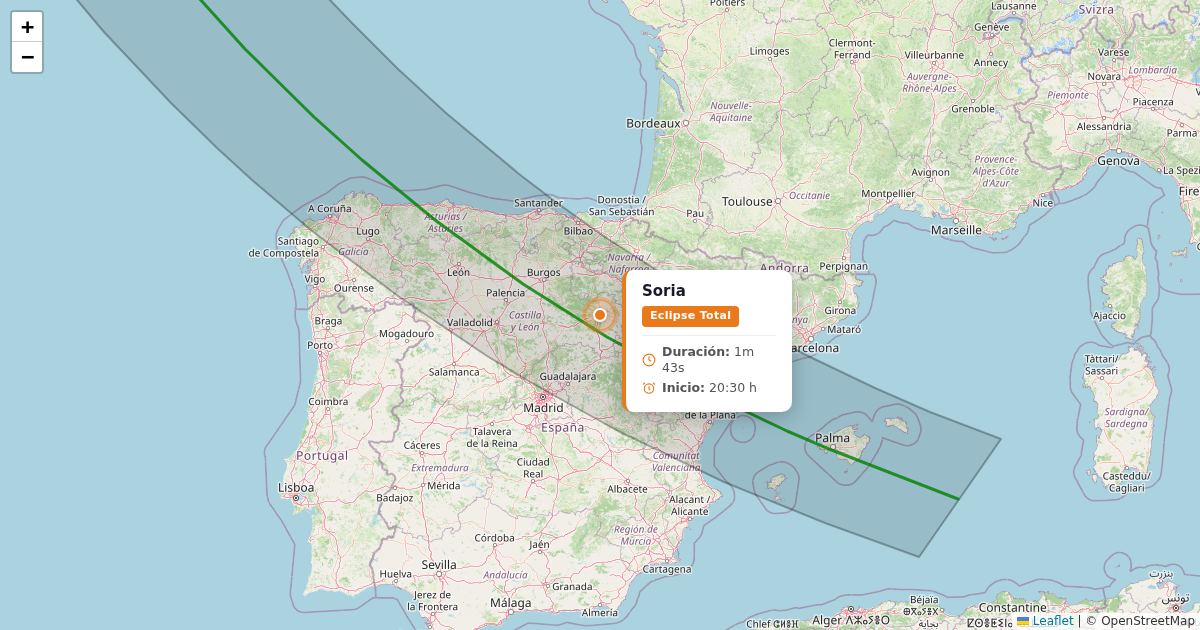 Mapa del eclipse solar 2026 - soria