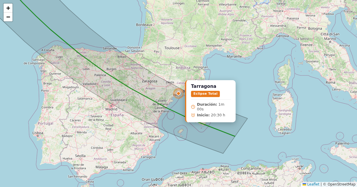 Mapa del eclipse solar 2026 - tarragona