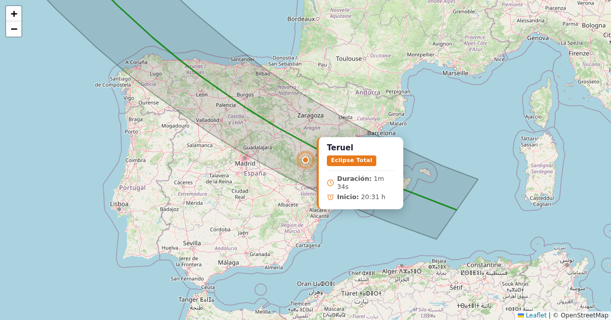 Mapa del eclipse solar 2026 - teruel
