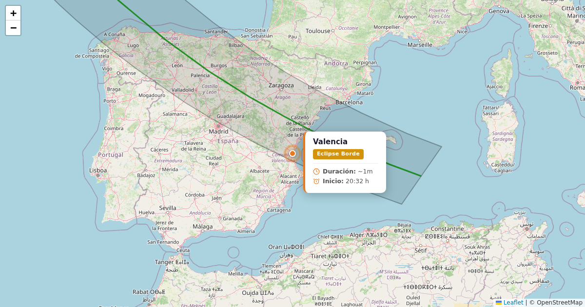 Mapa del eclipse solar 2026 - valencia