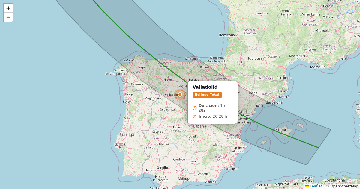 Mapa del eclipse solar 2026 - valladolid